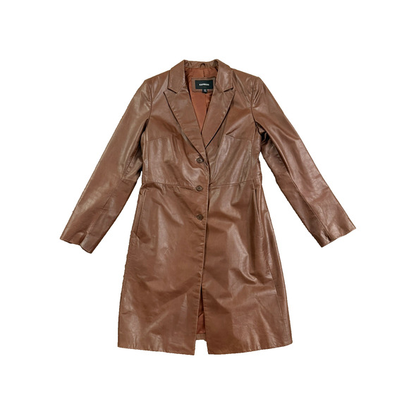 Vintage Express Women’s Brown Genuine Leather Long Jacket Coat Y2K Size 9/10 - Picture 1 of 9